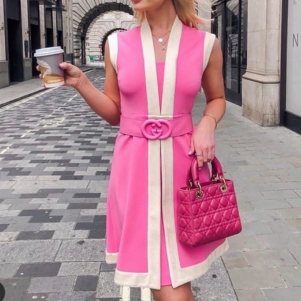 Gucci Jersey dress with GG belt pink and white